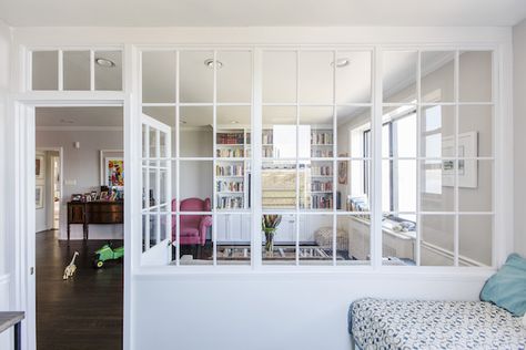 Stealing this interior wall of windows idea for a guest bedroom! Living Room Kitchen Partition, Wall Of Windows, Glass Partition Wall, Glass Room Divider, Indoor Window, Superior Room, Glass Room, Interior Windows, Glass Partition