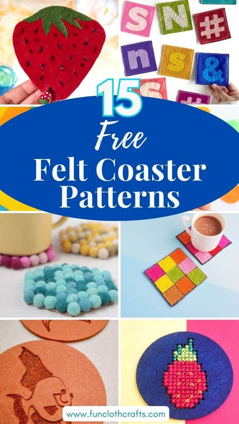 15 DIY felt coaster patterns, letter coasters, strawberry coasters, felt balls coasters Diy Felt Coasters, Felt Coasters Diy, Felting Crafts, Coaster Patterns, Diy Projects Easy, Crafts Diy Projects, Beginner Crafts, Felt Crafts Patterns, Felt Coasters