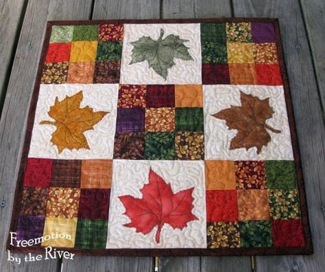 Modern 9 Patch Maple Leaves Table Topper | Freemotion by the River Fall Quilt Patterns, Quilt Stories, Quilted Table Topper, 9 Patch Quilt, Appliqué Quilts, Quilted Table Runners Patterns, Fall Sewing, Quilted Table Toppers, Miniature Quilts