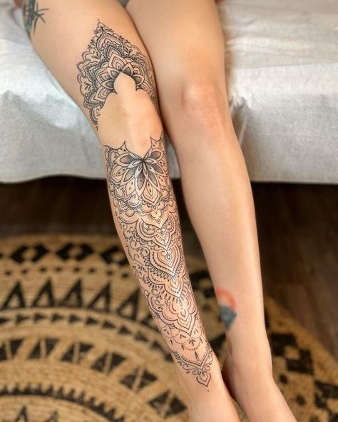 Delicate Leg Tattoos For Women, Below Knee Tattoo Women, Thigh Piece Tattoos, Mandala Tattoos For Women, Polynesian Tattoos Women, Lower Leg Tattoos, Shin Tattoo, Full Leg Tattoos, Henna Inspired Tattoos