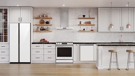 Samsung Kitchen Appliances, Samsung Kitchen, White Fridges, Counter Depth French Door Refrigerator, Samsung Bespoke, Samsung Appliances, Refrigerator Cabinet, Counter Depth Refrigerator, Side By Side Refrigerator