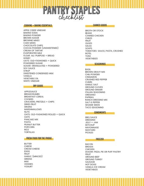 A FREE Pantry Staples Checklist to help you know what to try and keep on hand in the pantry for cooking and baking. Also, information about how long this food lasts in the pantry! Pantry And Fridge Essentials, Budget Pantry Staples, Food Staples To Have, Pantry Must Haves Staples, Healthy Pantry Staples List, Kitchen Food Staples, Fridge Must Haves Food Grocery Lists, Staples To Have In Your Pantry, House Hold Essentials List