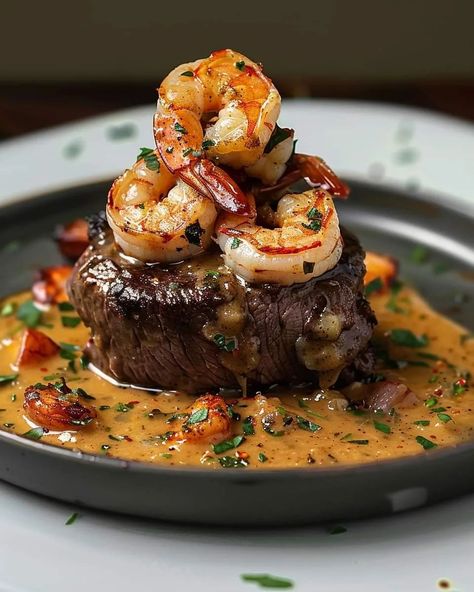 Steak Gourmet, Lobster Sauce, Gourmet Food Plating, Steak And Shrimp, Surf And Turf, Gourmet Dinner, Läcker Mat, Steak Dinner, Shrimp Recipes