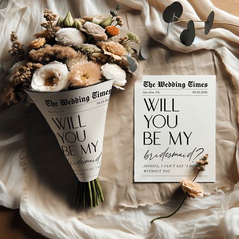 Newspaper Bridesmaid Proposal Bouquet, Bridesmaid Newspaper Flower, Newspaper Bridesmaid Proposal Card, Bridesmaid Newspaper Template #f48 Newspaper Bouquet Wrap, Book Themed Bridesmaid Proposal, Flower Newspaper, Proposal Bouquet, Newspaper Flowers, Moh Duties, Newspaper Wedding, Font Background, Bridesmaids Proposal