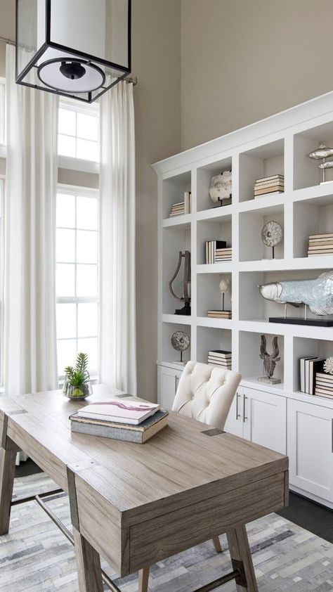 a free standing white shelving unit is a timeless idea for a home office, add some closed space to declutter the office Feminine Home Offices, Office Decor Professional, Interior Design Minimalist, Classic Home Decor, Small Home Office, Built In Bookcase, Modern Home Office, Home Office Space, Office Inspiration