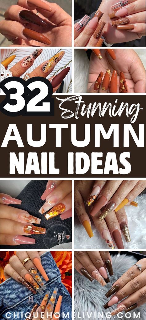 Ready to embrace the beauty of fall at your fingertips? 🍁 Check out these 32 elegant fall nail design ideas you'll love. From rich autumn hues to sophisticated patterns, find the perfect inspiration to adorn your nails this season. Discover these stylish and chic designs now! #FallNails #NailDesigns #AutumnBeauty #ElegantNails #NailArt Fallnails Autumn Designs, Fall Fingernails Autumn, Fall Inspired Short Nails, Long Fall Nail Ideas, Nail Design Fall Autumn, Fall Geometric Nail Designs, Fall Nail Designs Long Nails, September Coffin Nail Ideas, Fall Apple Nails Design