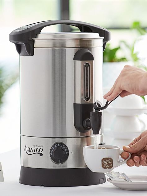 A person fills up their white ceramic mug by pushing down on the toggle of a hot water dispenser. Coffee Trailer, Coffee Urn, Hot Water Dispensers, Stainless Steel Tanks, Water Boiler, Water Dispensers, Hotel Supplies, Restaurant Equipment, Soup Mugs