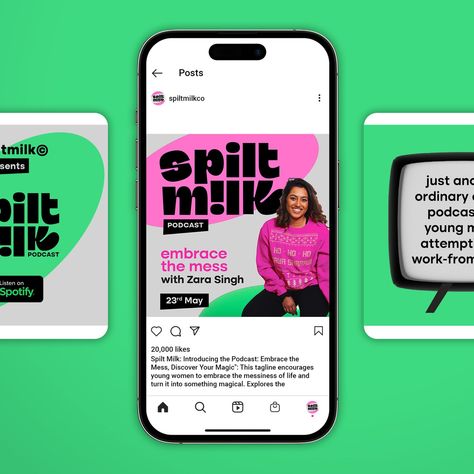 (2/3) Spilt Milk Social media kit: 👯‍♀️ The podcast brand is built around a dominant and bold logotype, colors that break the online… | Instagram Social Media Kit, Podcast Marketing Social Media, Podcast Social Media Design, Podcast Visual Identity, Podcast Graphic Social Media, Podcast Branding, Podcast Title Design, Podcast Media Kit, Brand Strategy Design