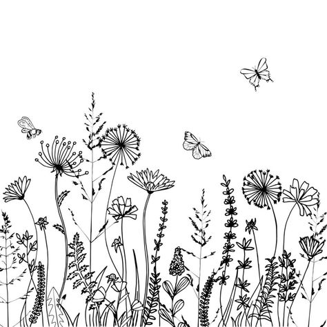 Black silhouettes of grass, spikes and herbs isolated on white background. Hand drawn sketch flowers and bees. Coloring book page design, elements for home decor and textile. Flower Grass Drawing, Grass And Flowers Tattoo, Black And White Wildflowers, Flower Field Sketch Pencil, Black And White Wildflower Drawing, Wild Flowers Sketch, Wildflower Garden Drawing, Bundle Of Flowers Drawing, Row Of Flowers Drawing