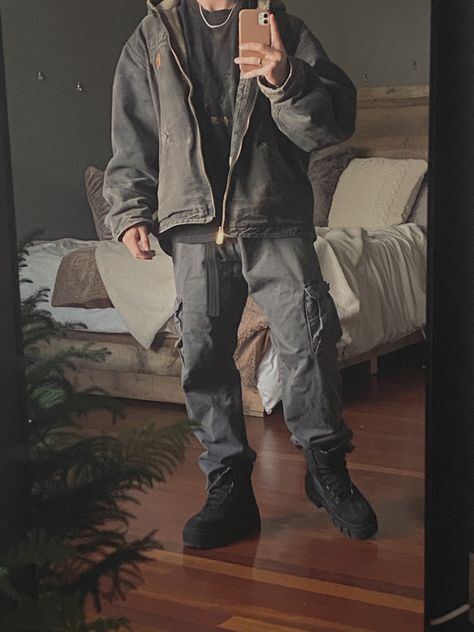 Cargo And Boots Outfit Men, Carhartt Fashion Men, Mechanic Aesthetic Outfit Men, Oversized Carhartt Jacket Outfit, Cargo Streetwear Outfit, Mens Carhartt Outfit, Carhartt Jacket Outfit Men, Carhartt Outfit Men, Carhartt Aesthetic