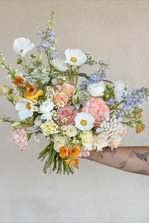 Garden Inspired Wedding Flowers, Garden Elopement Ideas, Garden Party Bouquet, Wildflower Bridal Bouquet Summer, Colorado Wildflower Bouquet, Garden Party Wedding Bouquet, Wild Flower Themed Wedding, May Wedding Bouquet, Spring Wildflower Wedding