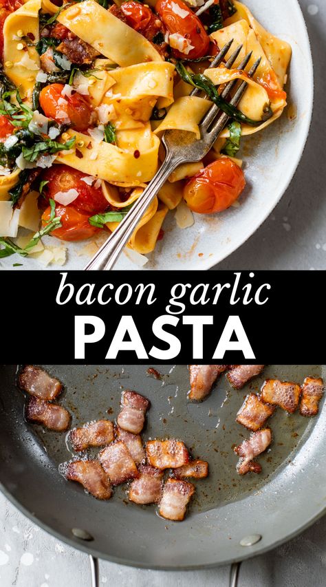 Impress your date with this rich and savory Garlic Tomato Pasta. Made with 7 simple ingredients, the bites of juicy tomatoes, bacon, and fresh basil are satisfying and don’t lack any flavor. Pizza Pasta Recipe, Baked Tomatoes, Bacon Pasta, Bacon Tomato, Pasta Night, Garlic Pasta, Juicy Tomatoes, Tomato Pasta, Roasted Tomatoes