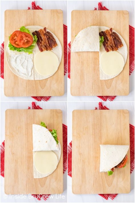 BLT Tortilla Wrap Hack - fold a tortilla around bacon, lettuce, and tomatoes and then cook it for a delicious meal. Enjoy this viral Tiktok tortilla wrap for lunch or dinner. Folded Burrito Sandwich, Tiktok Tortilla Wrap Hack, Tomato Wrap Tortillas, Tortilla Wrap Sandwiches, Blt Tortilla Wraps, How To Wrap Tortilla Wraps, Lunch Tortilla Wraps, How To Fold A Wrap, Blt Quesadilla