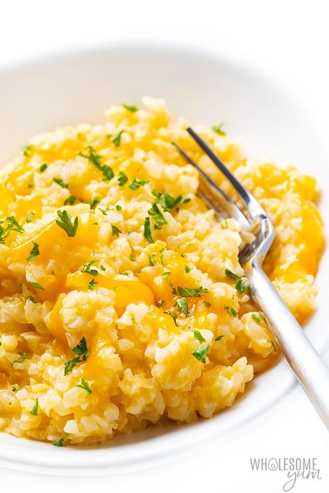 Cheesy Cauliflower Rice Recipe | Wholesome Yum Cauliflower Rice Mac And Cheese, Cheesey Cauliflower, Cheesy Cauliflower Rice, Cheese Sauce For Cauliflower, Keto Mac And Cheese, Cauliflower Rice Recipe, Cheesy Rice, Mac Fix, Frozen Cauliflower Rice