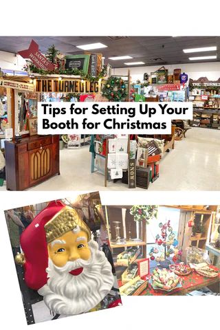 Antique Mall Booth Staging Decorating Ideas, Holiday Booth Ideas, Christmas Booth Design, Decorating A Vendor Booth For Christmas, Booth Christmas Display Ideas, Vintage Booth Christmas Display Ideas, Christmas Antique Booth Display, Antique Mall Booth Staging, Christmas Booth Decorating Ideas