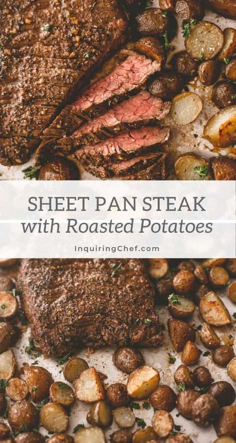 Sheet Pan Steak and Potatoes Sheet Pan Skirt Steak, Sheet Pan Steak And Potatoes, Steak Oven, Oven Baked Steak, Sheet Pan Steak, Broiled Steak, Steak And Potatoes, Skirt Steak Recipes, Steak In Oven