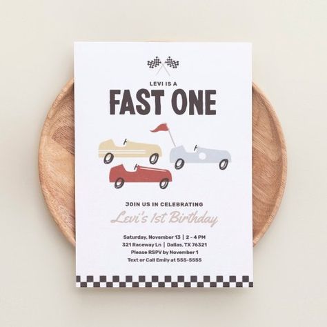 $1.98 | Fast One Race Car Boy 1st Birthday Party - boy, birthday, party, racecar, fast one, red blue yellow, first birthday, 1st birthday, bday, vintage retro Boy 2nd Birthday, Cars Birthday Invitations, Car Birthday Theme, Race Car Birthday Party, 1st Birthday Party Invitations, Giraffe Baby, 2nd Birthday Party, 2nd Birthday Invitations, Race Car Birthday