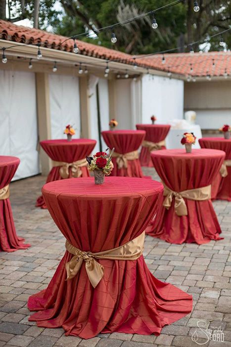 Cocktail centerpieces (Florals by Lee Forrest Design, photo by: Sandra Johnson Photography) Magenta Wedding Decorations, Cocktail Centerpieces, Red Carpet Theme Party, Wedding Cocktail Tables, Cocktail Table Decor, Table Skirting, Table Coverings, Gold Sash, Cocktail Decoration