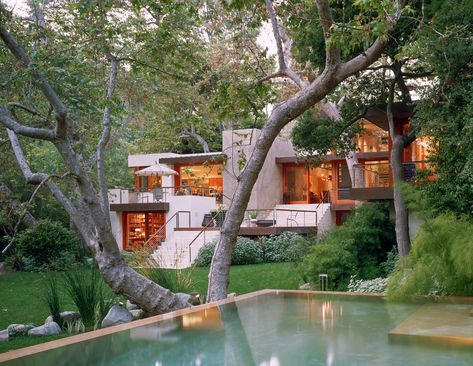 This modern house strongly connects each indoor space to the verdant landscape beyond via an amphitheater of stairs and floating decks... Canyon Residence | Los Angeles | California | Ehrlich Yanai Rhee Chaney Architects Los Angeles Homes Exterior, Eyrc Architects, Canyon House, Asian House, Zen House, Floating Deck, Homes Exterior, Concept Home, California Design