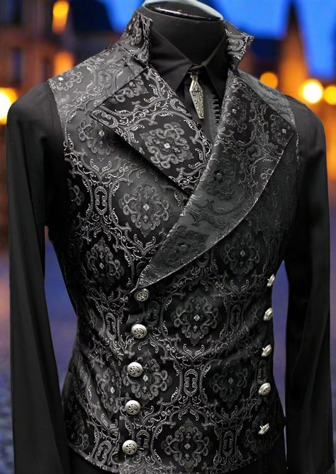 Shrine of Hollywood CAVALIER VEST - BLACK EDWARDIAN BROCADE black brocade double breasted edwardian Men's Vests Prince Outfits Aesthetic, Victorian Outfit Men, Labyrinth Masquerade, Gothic Suit, Kingdom Marriage, Cloth Reference, Fancy Suits, God Clothing, Red Kingdom