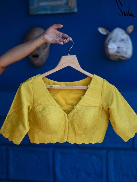 Front V Neck Saree Blouse, Front Open Blouse Designs, V Neck Blouse Indian Front And Back, Yellow Blouse Design, Yellow Blouse Designs, Front Blouse Designs, Plain Blouse Designs, Sleeveless Blouse Designs, Embroidered Blouses