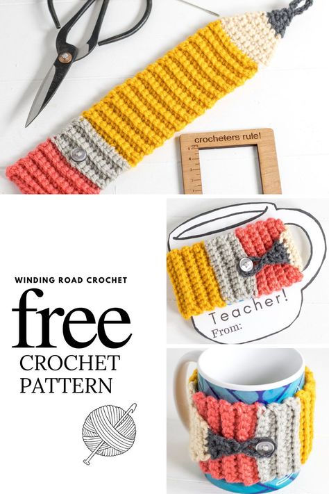 Crochet Mug Cozy Christmas, Teacher Crochet Patterns, Crochet For Teachers Gift, Crochet Teacher Appreciation Gifts, Hygge Crochet, Quick And Easy Crochet Projects, Pencil Crochet, Crochet Teacher, Crochet Teacher Gifts