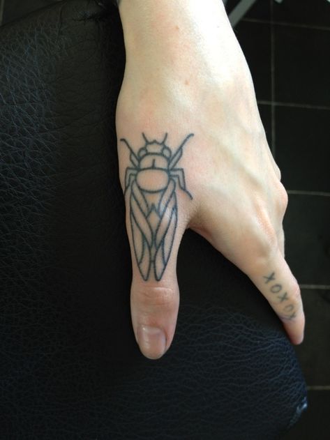 Really lean into it with a cicada tattoo. Insect Tattoos, Cicada Tattoo, Thumb Tattoos, Bug Tattoo, Insect Tattoo, Sick Tattoo, Handpoke Tattoo, 4 Tattoo, Poke Tattoo