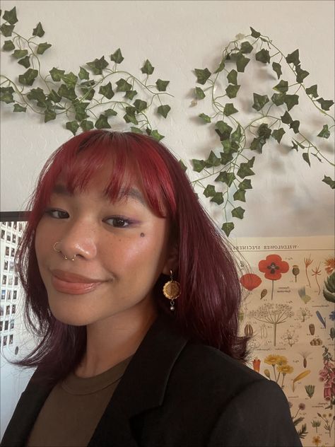 red hair girl dyed Filipino Red Hair, Red Hair On Asian Women, Red Hair For Brown Skin, Burgundy Hair Asian, Brown Skin Red Hair, Hair Dye For Brown Skin, Arctic Fox Ritual, Dark Red Hair On Brown Skin, Red Hair Brown Skin