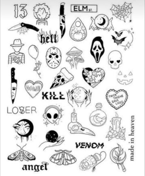 Patchwork Outline Tattoo, Small Edgy Tattoo Ideas, Alt Small Tattoos, 9 Movie Tim Burton Tattoo, Patchwork Tattoo Ideas Thigh, Tattoo Ideas Female Emo, Lil Mushroom Tattoo, Goth Patch Work Tattoos, Black And White Patchwork Tattoo