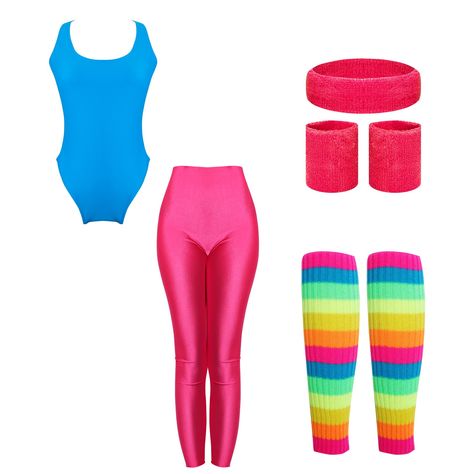 PRICES MAY VARY. Package Includes:The 80s workout outfit set includes 1 blue skinny swimsuit, 1 pair of bottoms, pink gloves and headband, 1 pair of heart earrings and two pairs of colorful rainbow leggings.These colorful combinations will not only brighten up your gym time, but will also be the center of attention at parties, showing off your personality perfectly Comfortable Materials:The 80s track suit is made of high quality fabrics to ensure that each piece has good breathability and elasti Workout Halloween Costumes, 90s Workout Outfit, Workout Barbie Costume, Aerobics Outfit, 80s Track Suit, 90s Workout, Workout Costume, 80s Workout Costume, 80s Workout Outfit