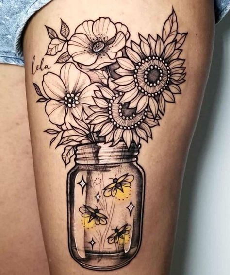 Mason Jar Tattoo, Jar Tattoo, Firefly Tattoo, Cowgirl Tattoos, Western Tattoos, Tattoos Geometric, Leg Tattoos Women, Sunflower Tattoos, Thigh Tattoos Women