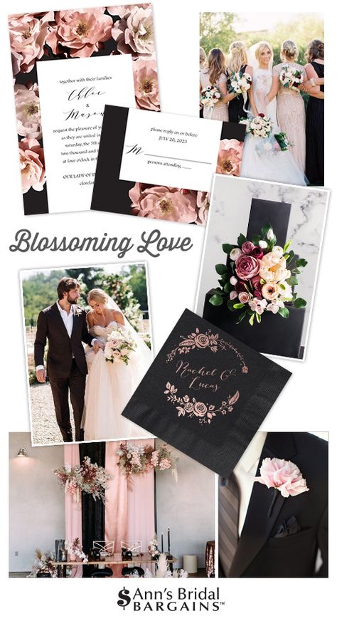 Get this look: Blossoming Love. Feminine blush and striking black come together in sweet harmony on this wedding mood board. Perhaps the perfect combination of want you want and what he wants, this look will make your wedding-planning-heart skip a beat! Now, let’s show you how to pull off this look while keeping your wedding wallet happy. Pink Grey And Black Wedding Color Schemes, Black And Blush Wedding Decor, Blush And Black Wedding, Blush Wedding Colour Scheme, Dusty Rose Wedding Theme, Dusty Rose Wedding Colors, Blush Wedding Colors, Black Taper Candles, Dusty Pink Weddings