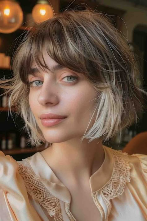 Bangs Styles For Short Hair, French Bob With Money Piece, Bobs With Fringe Fine Hair, Short Bob Inspiration, Cute Short Hair Colors, Bob Hair Color 2024, Layered Messy Bob With Bangs, Short Fringe Short Hair, Blonde Balayage On Dark Hair Bob