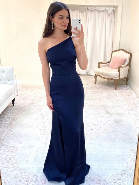 Dark Navy Bridesmaid Dresses, One Shoulder Bridesmaid Dresses, One Shoulder Bridesmaid, Navy Bridesmaid Dresses, Bride Groom Dress, Evening Dresses Cocktail, Blue Bridesmaids, Stretch Crepe, Groom Dress