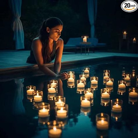 Hot Tub Candles, Floating Tea Lights Wedding, Pool Decor For Wedding Receptions, Romantic Pool Decor, Pool With Candles, Floating Candles Pool Wedding, Floating Candles In Pool Wedding, Pool Wedding Decorations Floating Lights, Wedding Pool Ideas