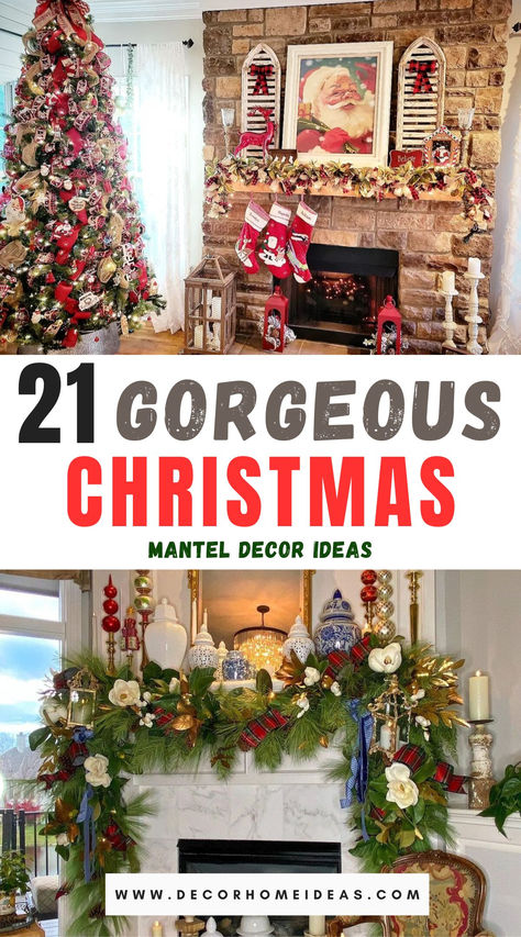 Elevate your holiday decor with these 21 gorgeous Christmas mantel ideas that bring charm and warmth to your home. From lush greenery and twinkling lights to elegant stockings and festive accents, find inspiration to create a stunning focal point that captures the spirit of the season! Large Mantel Christmas Decor, Christmas Mantel With Trees, Decorated Christmas Mantels, Red And Green Christmas Mantle, Christmas Mantle With Stockings Decor, Elegant Christmas Mantle Decor, Christmas Traditional Decorations, Classic Christmas Decorations Ideas, Santa Collection Display Ideas