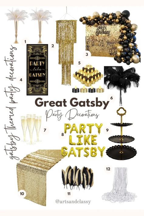 Gatsby Christmas Party Decor, Flapper Party Ideas, 1930s Birthday Party Theme, Roaring 20s New Years Eve Party, 1920s Themed Party Decorations, 20s Themed Party, Harlem Nights Theme Party, Roaring 20s Party Decorations, Gatsby Christmas