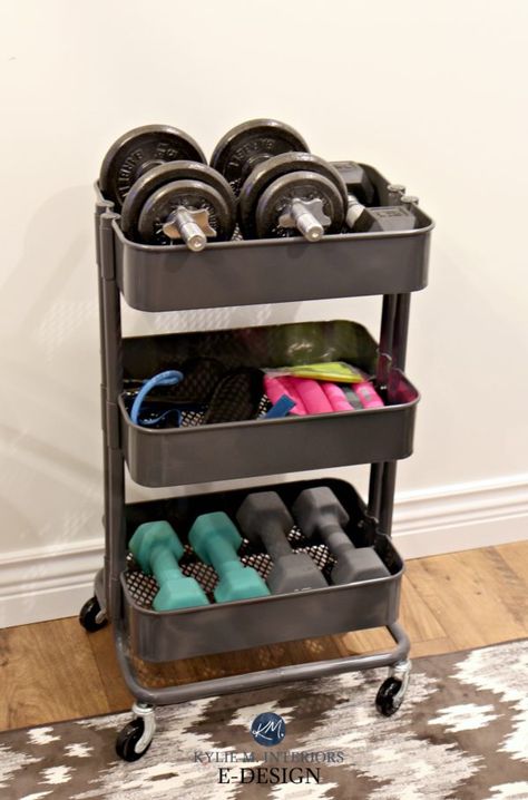 Mini home gym storage ideas for weights, Ikea hack Raskog unit. Kylie M E-design Ikea Fitness Room, Closet Home Gym, Mini Gym In Bedroom, Weights Organization, 3 Tier Cart Ideas, Gym Closet Organization, Workout Area In Bedroom, Workout Cart, Ikea 3 Tier Cart