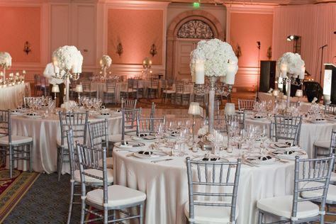 Wedding Chairs Decorations, Chiavari Chairs Wedding, Silver Chiavari Chairs, Wedding Reception Chairs, Ritz Carlton Wedding, Chivari Chairs, Purple And Silver Wedding, White Centerpiece, Wedding Furniture