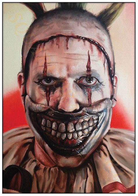 Twisty is a fabulous character and this painting was a joy to do. I love the way the jaw pops The print is professionally printed on A4 size 350gsm white card stock and will be sent in a card backed envelope Paper size is A4 or 21.0 x 29.7cm or 8.27 x 11.69 inches If you would like Horror Portrait Tattoo, American Horror Story Clown, Horror Painting Ideas, Scary Icons, Creepy Portraits, Scary Pics, Horror Painting, Famous Clowns, Clown Paintings