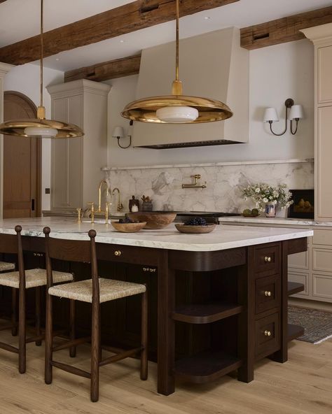 Ashley Montgomery (@ashleymontgomerydesign) • Instagram photos and videos Split Kitchen Cabinet Color, Warm Home Aesthetic Kitchen, Contemporary French Interior, Ashley Montgomery, Spanish Modern, Walnut Kitchen, Modern Kitchen Island, Classic Kitchen, Tudor House