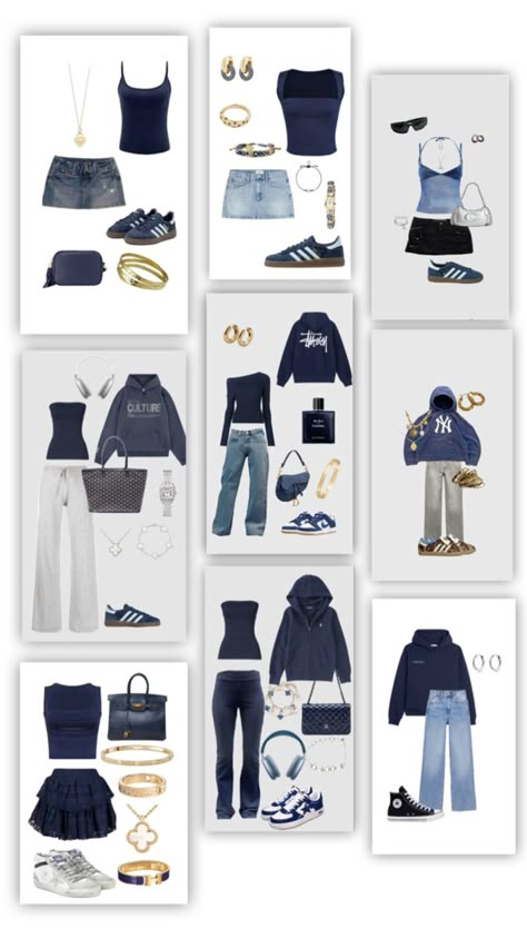 Outfit Ideas With Brand Names, Ravenclaw Aesthetic Outfit Uniform, Navy Outfits Aesthetic, Dark Blue Shoes Outfit, Outfit Ideas With Dark Blue Jeans, Navy Blue Uggs Outfit, Dark Blue Fashion Aesthetic, Navy Blue Winter Outfit, Blue Sweats Outfit