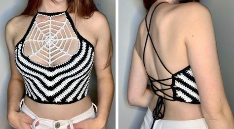 Halloween Spider Web Crochet Crop Top Blouse Tops Designs, Crochet Crop Top Pattern, Beginners Crochet, Mode Crochet, Jelly Rolls, Crochet Tops Free Patterns, Designer Blouse Patterns, Halloween Crochet, Crochet Top Pattern