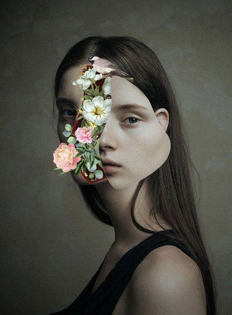 Surrealistic Art Girl with flowers Flower Final Piece Art, Surrealist Self Portrait, Creative Self Portraits Art, Surrealist Portrait Photography, Photography Gcse Final Piece, Flowers As People, Flowers Covering Face, Flowers Growing Out Of Head, Flowers Coming Out Of Head