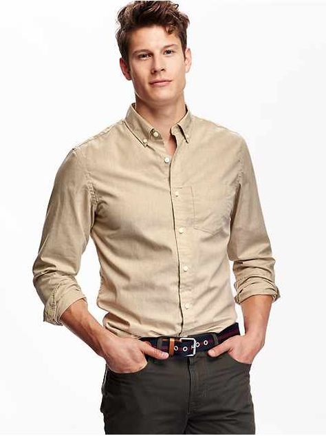 Men's Clothes: Shirts | Old Navy Tan Shirt Outfit, Tan Groomsmen, Tan Dress Shirt, Poplin Shorts, Tan Shirt, Slim Fit Mens Shirts, Shirt Outfit Men, Old Navy Men, Navy Outfit