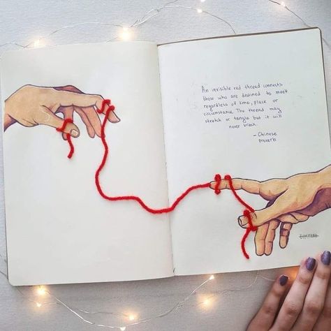 Thread Of Fate Art, Red Thread Of Fate Art, Red Thread Of Fate, Thread Of Fate, Lukisan Comel, Scrapbook Book, Wreck This Journal, Art Journal Therapy