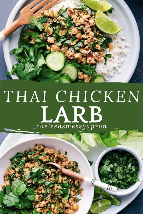 Enjoy the best Thai Chicken Larb in under 30 minutes! This flavorful dish combines ground chicken with garlic, ginger, and lime, all bursting with fresh herbs. Serve it over coconut lime rice or in crisp lettuce wraps for a new family favorite! #thaichicken #larb Larb Gai Recipe, Chicken Laab Recipe, Larb Gai Thai Chicken, Laab Recipe, Chicken Laab, Thai Larb, Larb Gai, Easy Thai Chicken, Chicken Larb