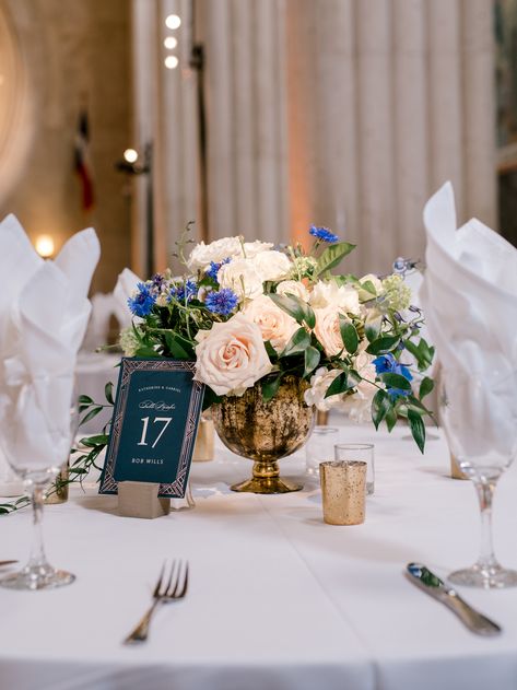 Blue White And Gold Centerpieces, White And Blue Garden, Classic Blue Wedding, Gold Wedding Centerpieces, Parisian Blue, Blue Wedding Centerpieces, Blue Wedding Decorations, Mercury Glass Vase, Blue Centerpieces