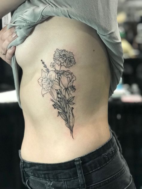 Floral piece by @isaidgoddam  #floraltattoo #daffodil #marigold #rose Rose Daffodil Aster Tattoo, Marigold Rose Tattoo, Narcissus And Rose Tattoo, Marigold And Gladiolus Flower Tattoo, Daffodil Rose Poppy Tattoo, Rose Daffodil Chrysanthemum Tattoo, Marigold And Narcissus Tattoo, Marigold Daffodil Tattoo, Daffodil And Rose Tattoo Birth Flowers