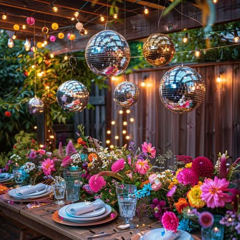 Fun ideas for a disco garden party. Inspiration for your next disco garden party. Acl Themed Party, Diy Themed Birthday Party, Rock Candy Display Ideas, Festival Inspired Party, Micro Wedding Themes, Summer Ball Decorations, Retro Disco Birthday Party, Creative Wedding Themes, Garden Engagement Party Ideas